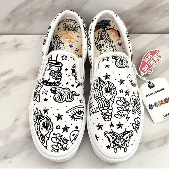 vans slip on u color tattoo white skate shoes